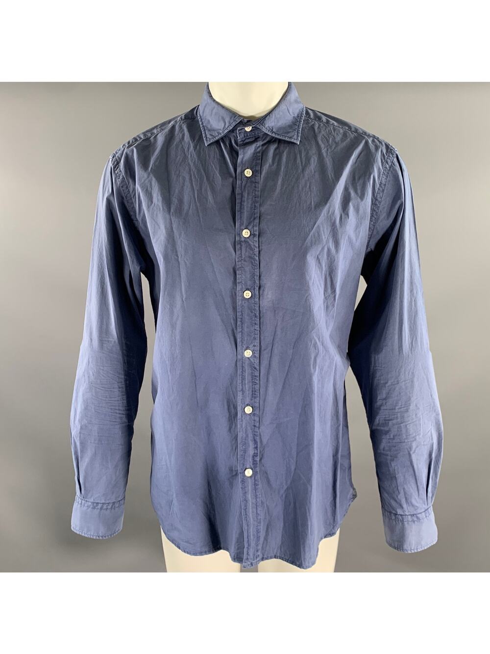 MAN 1924 Size L Blue Solid Cotton Garment Dyed Long Sleeve Shirt